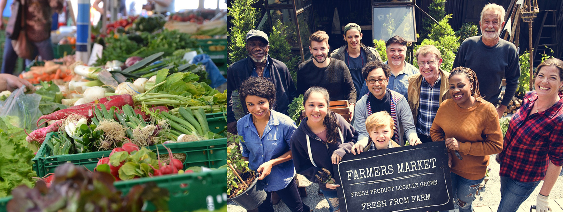 smiling multi-generational, multi-cultural group at a farmers market